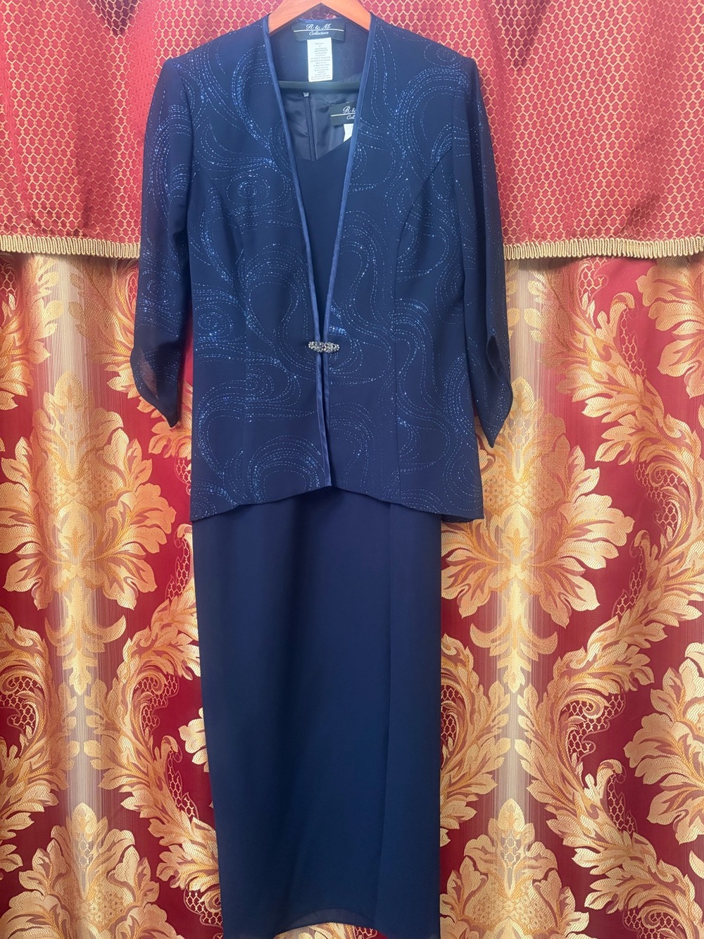 Chic Navy Maxi Dress with Embellished Jacket